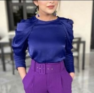 NWT Zara Satin Effect Pleated Shoulder 3/4 sleeve Navy Blue Blouse | sz M